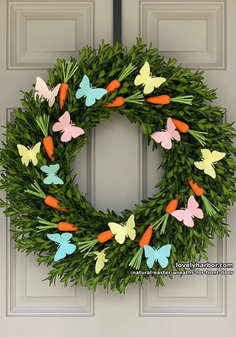 boxwood wreath with mini carrots and pastel paper butterflies 1