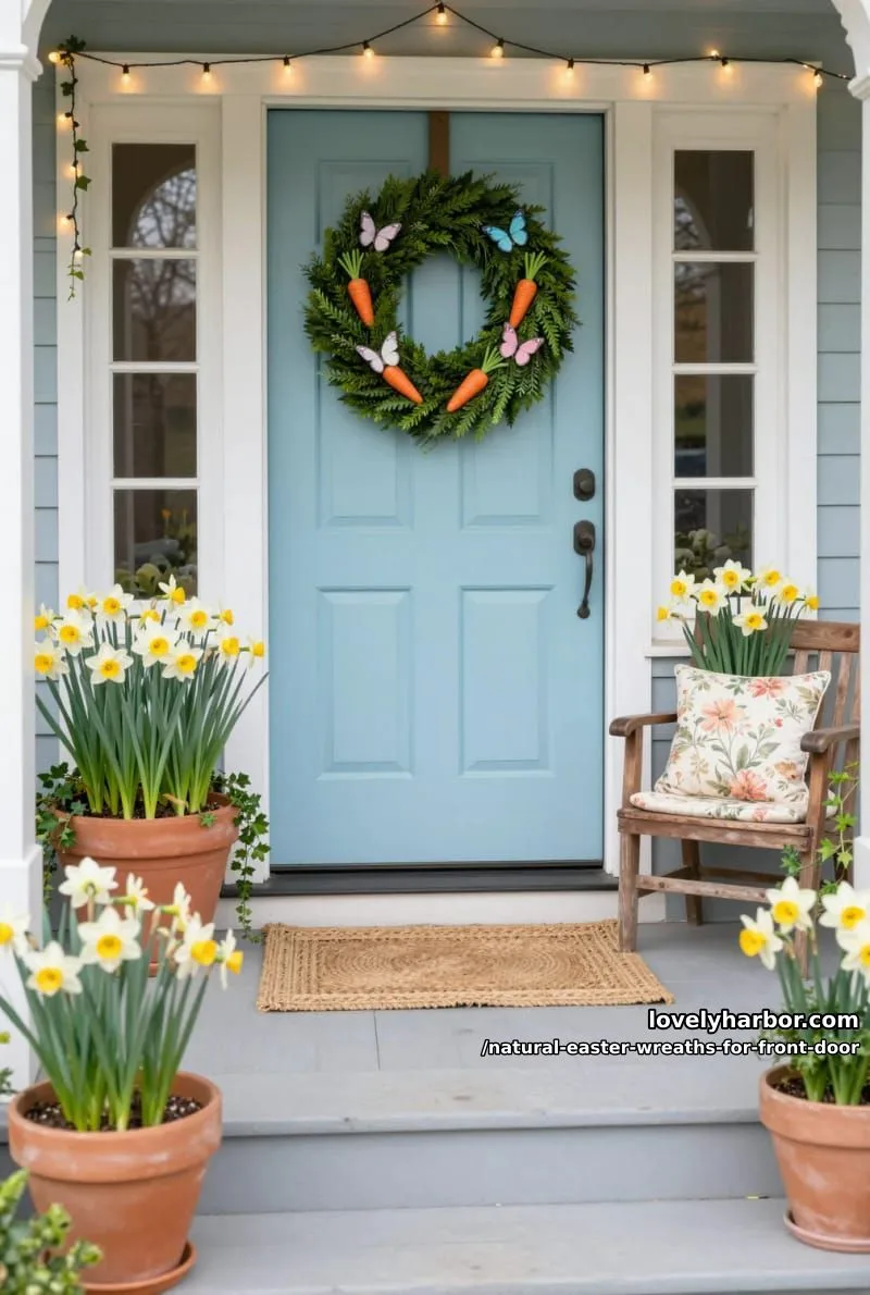 boxwood wreath with mini carrots and pastel paper butterflies 1