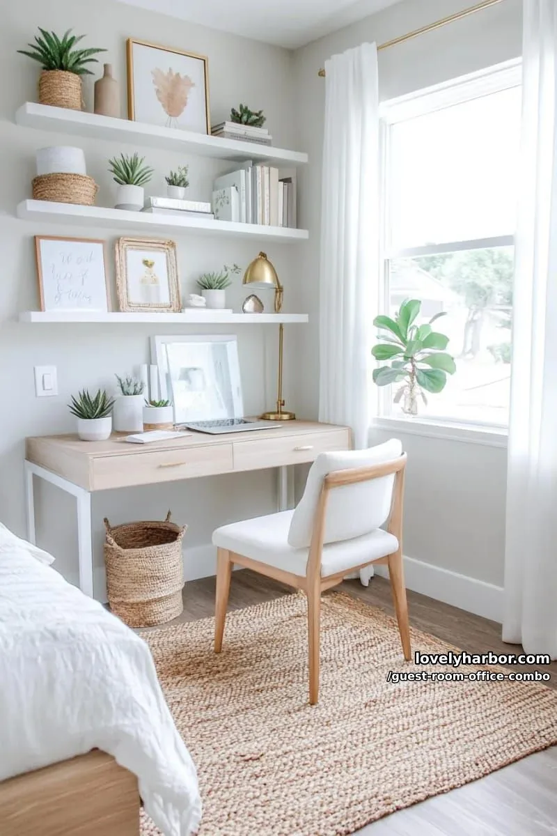 bright bedroom workspace with wooden desk, floating shelves, and cozy bed. 1
