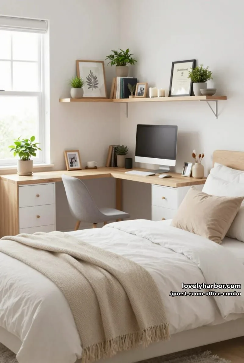 bright bedroom workspace with wooden desk, floating shelves, and cozy bed. 1