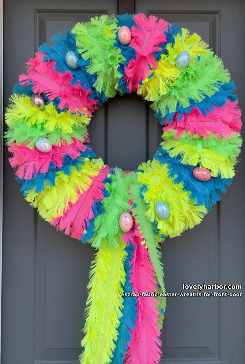 bright neon fabric wreath with layered fringe and mini easter egg ornaments 1