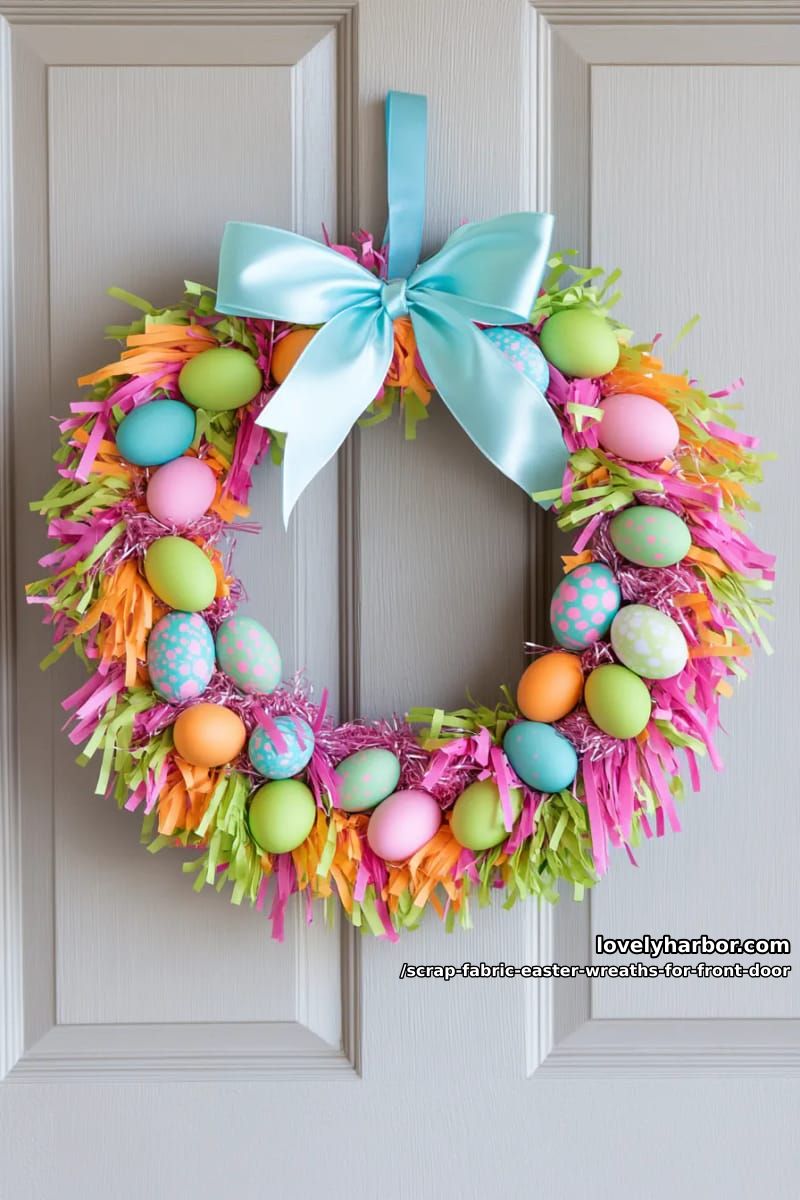 bright neon fabric wreath with layered fringe and mini easter egg ornaments 1