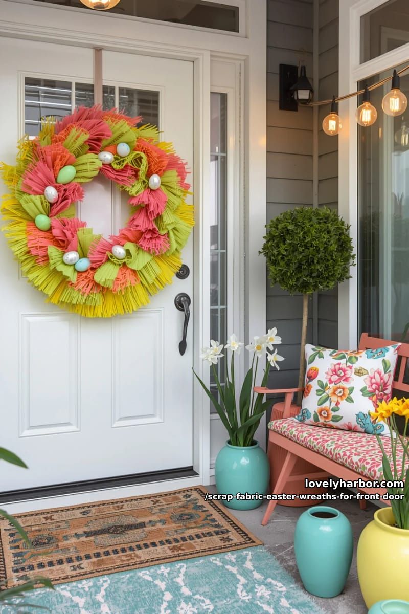 bright neon fabric wreath with layered fringe and mini easter egg ornaments 1