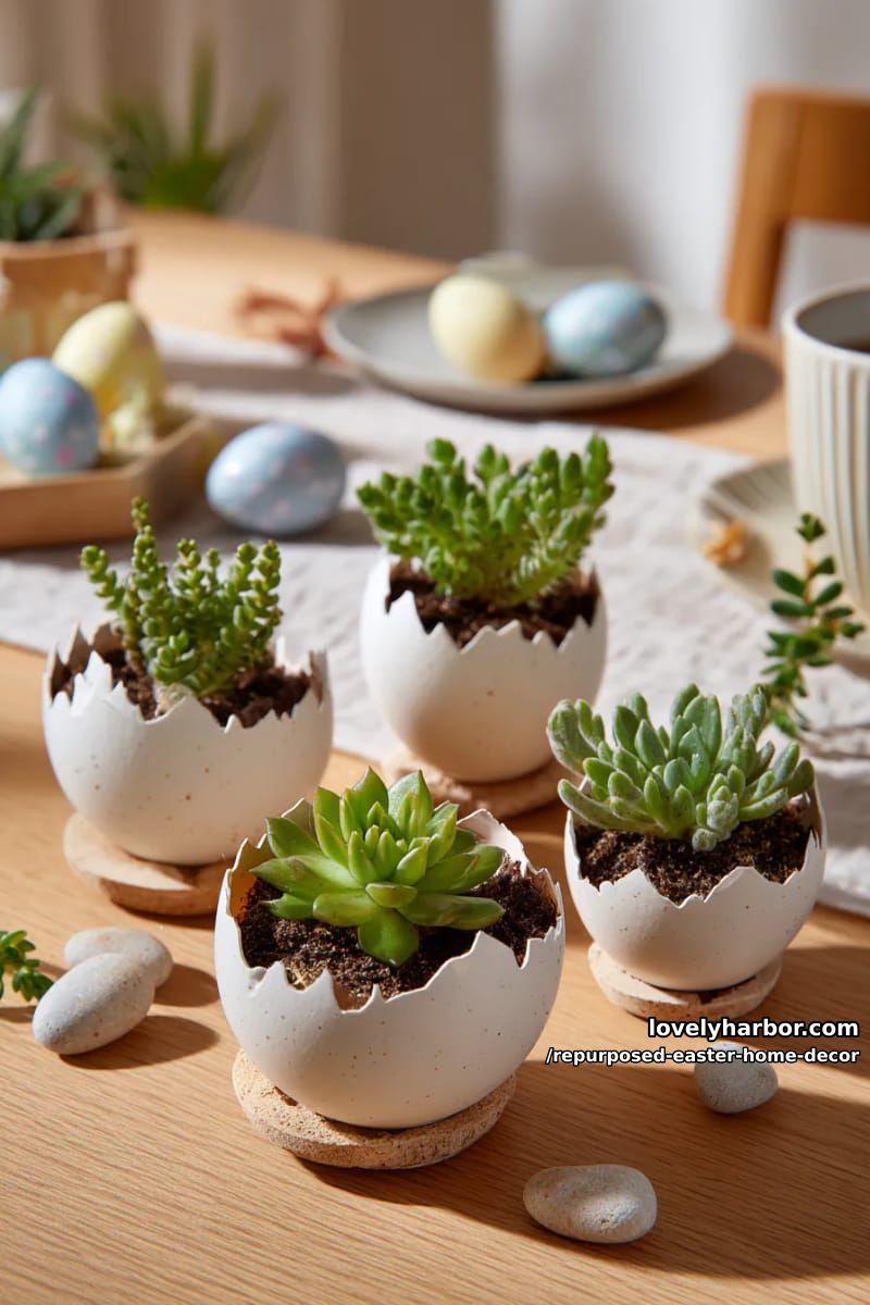 broken egg shells as mini succulent pots for table accents 1