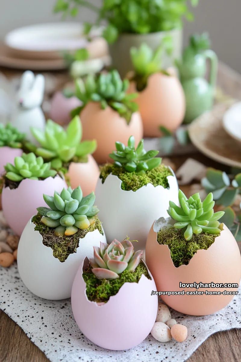 broken egg shells as mini succulent pots for table accents 1