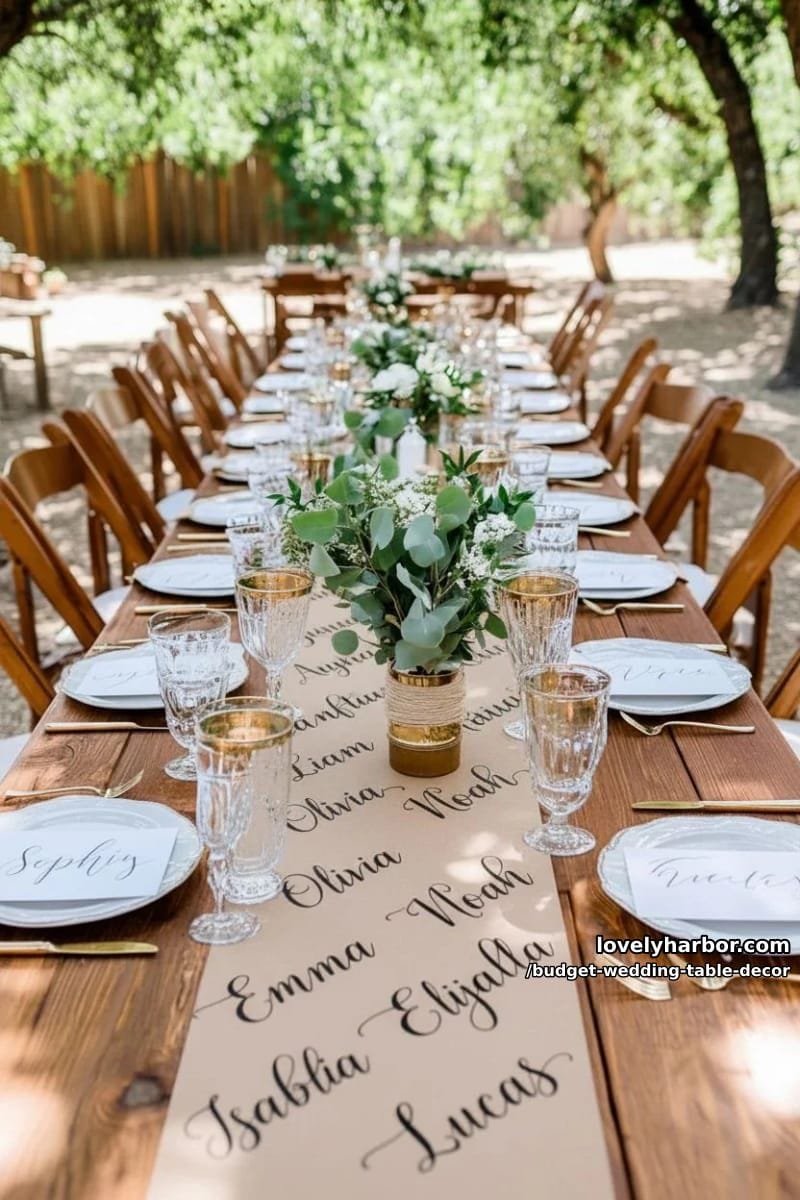 brown craft paper table runners hand-lettered with guests’ names and greenery sprigs 1