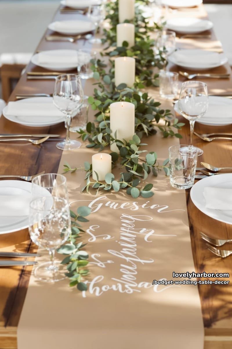 brown craft paper table runners hand-lettered with guests’ names and greenery sprigs 1