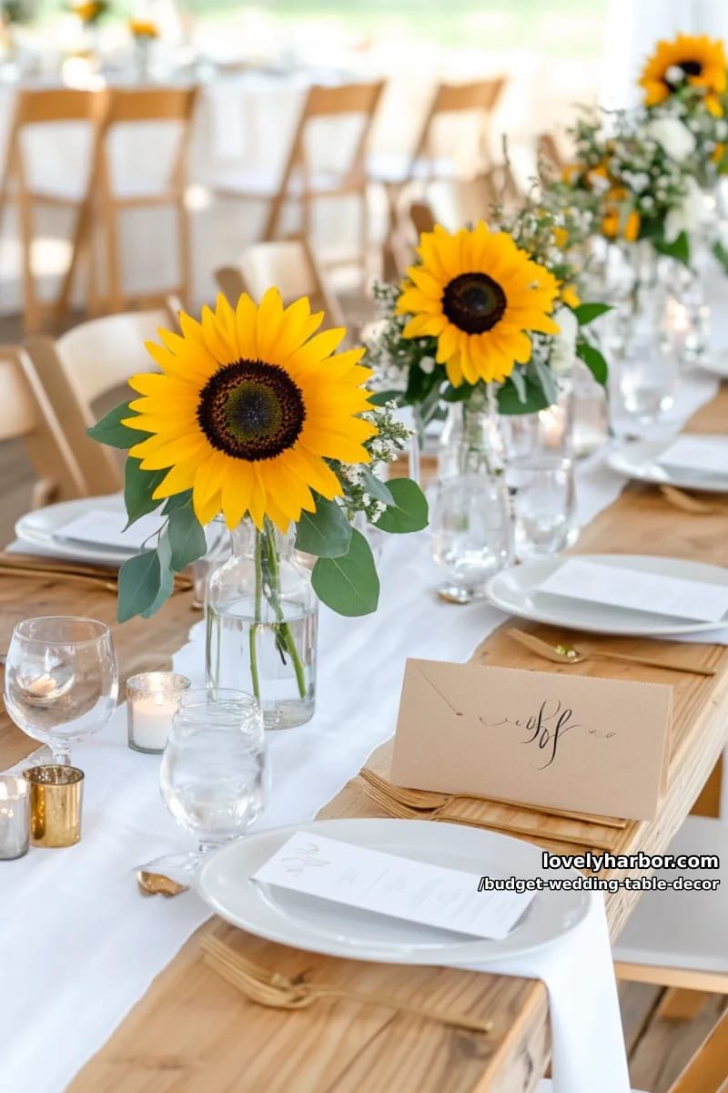 bud vases with just one bold sunflower each, spaced down the reception table 1