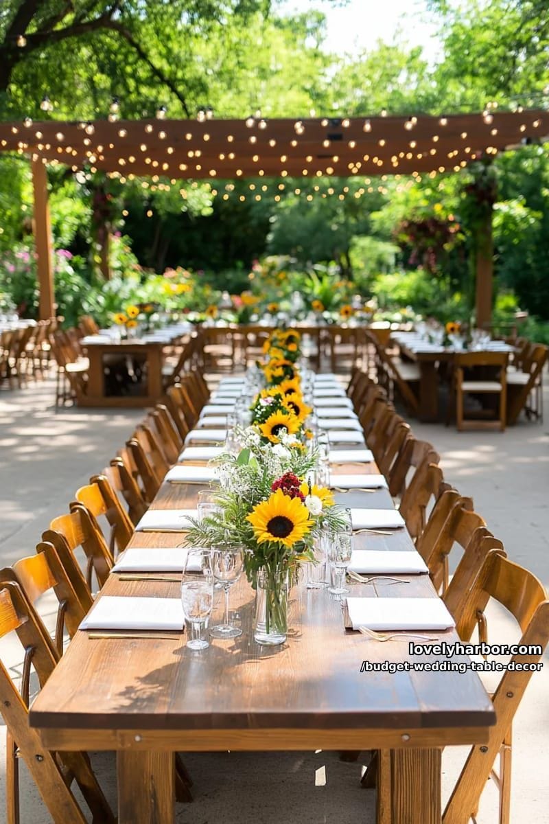 bud vases with just one bold sunflower each, spaced down the reception table 1