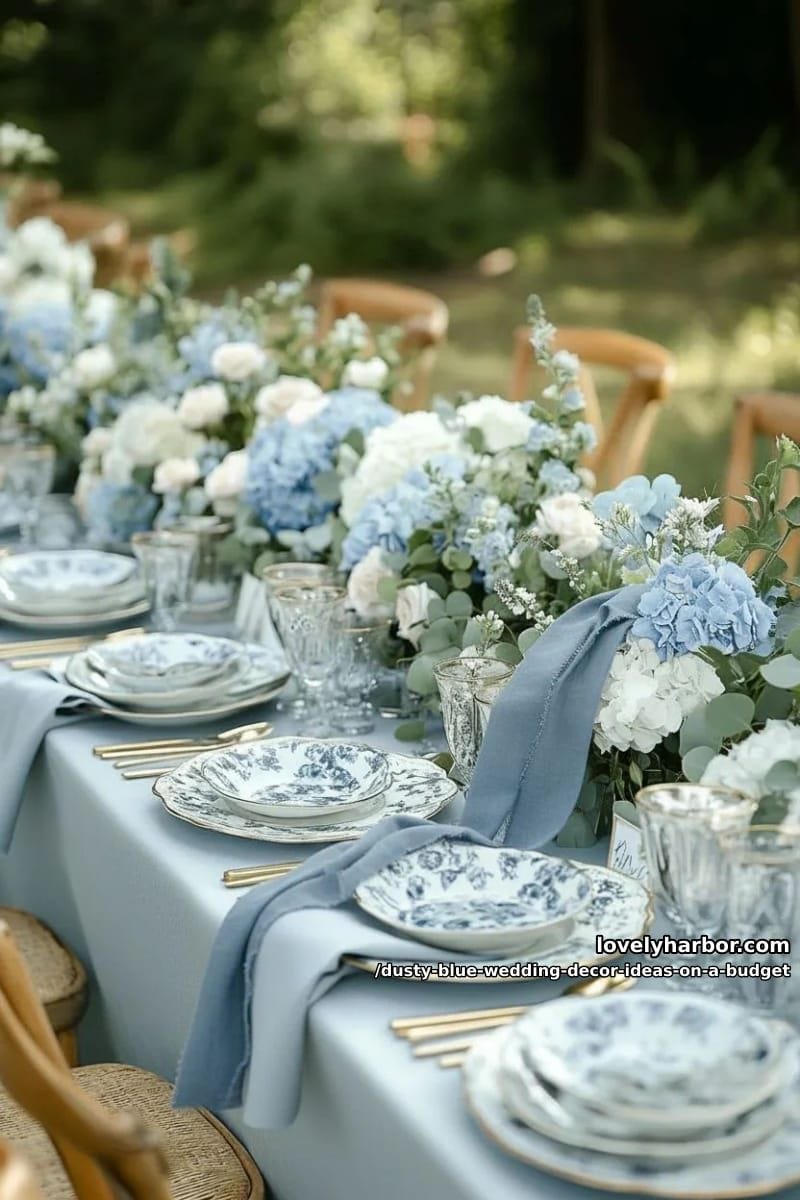 budget-friendly eucalyptus garlands woven with blue silk ribbons 1