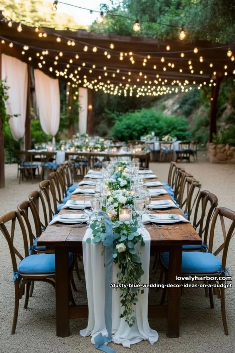 budget-friendly eucalyptus garlands woven with blue silk ribbons 1
