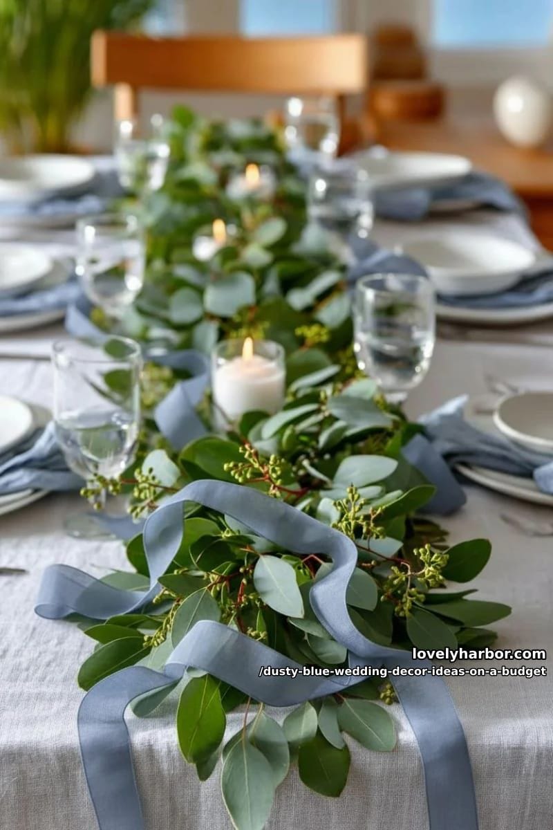 budget-friendly eucalyptus garlands woven with blue silk ribbons 1