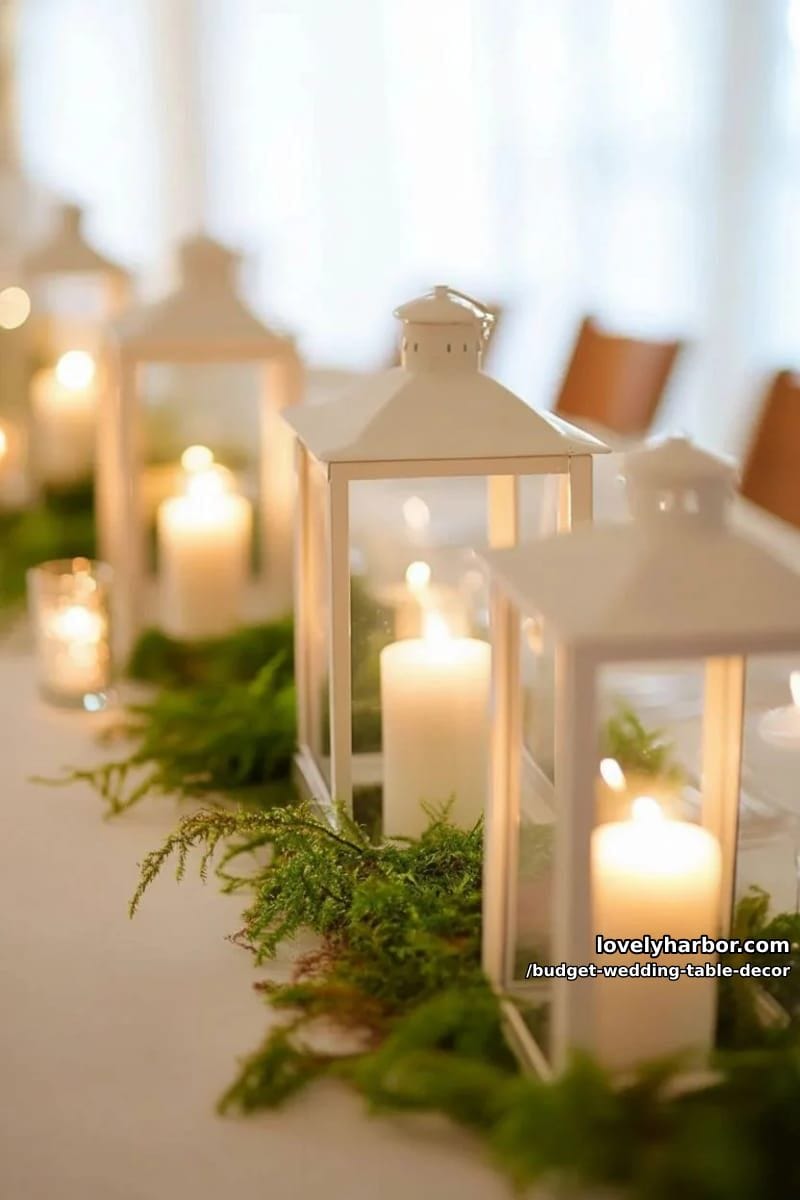 budget-friendly ikea lanterns filled with flameless candles and moss accents 1
