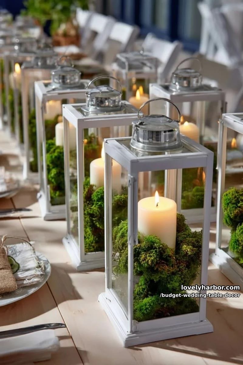 budget-friendly ikea lanterns filled with flameless candles and moss accents 1