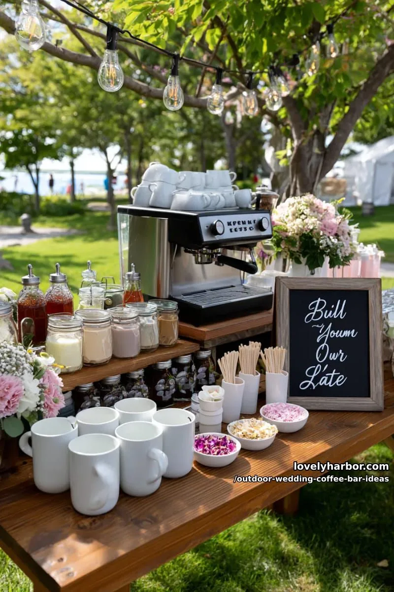“build your own latte” bar with local honey, flavored syrups, and edible petals 1