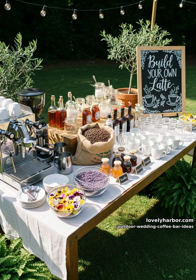 “build your own latte” bar with local honey, flavored syrups, and edible petals 1