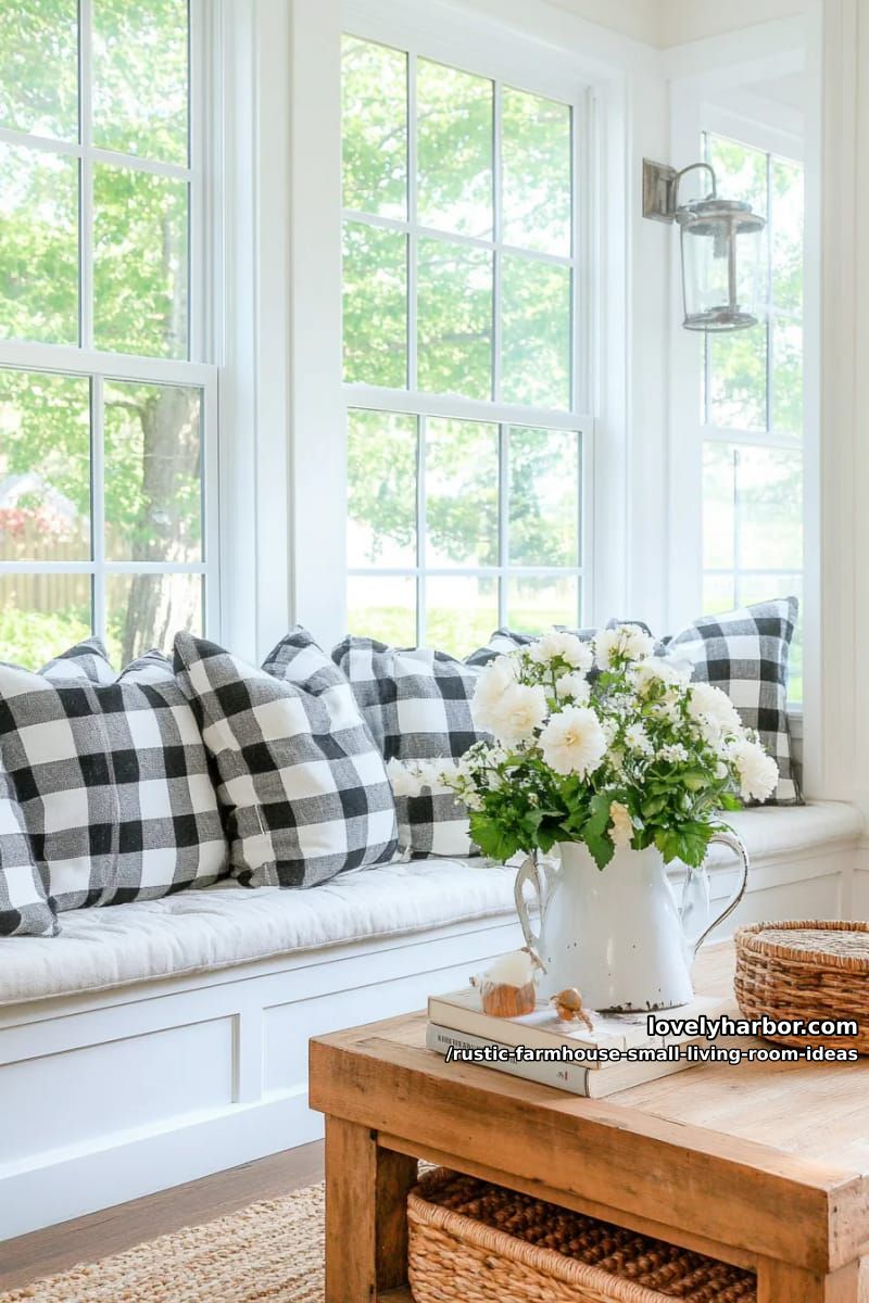 built-in bench under windows covered in buffalo check pillows 1