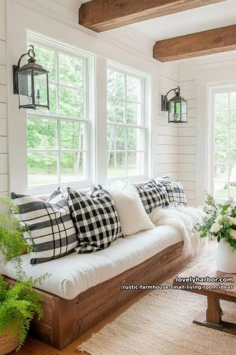 built-in bench under windows covered in buffalo check pillows 1