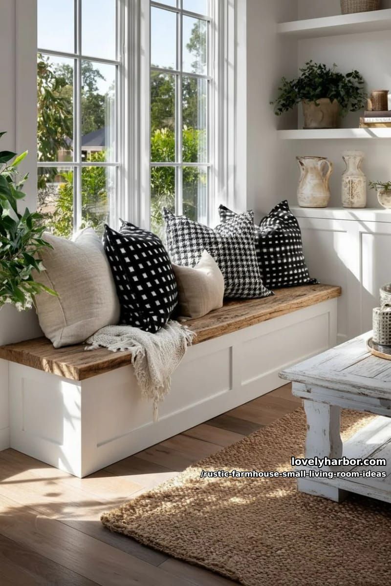 built-in bench under windows covered in buffalo check pillows 1