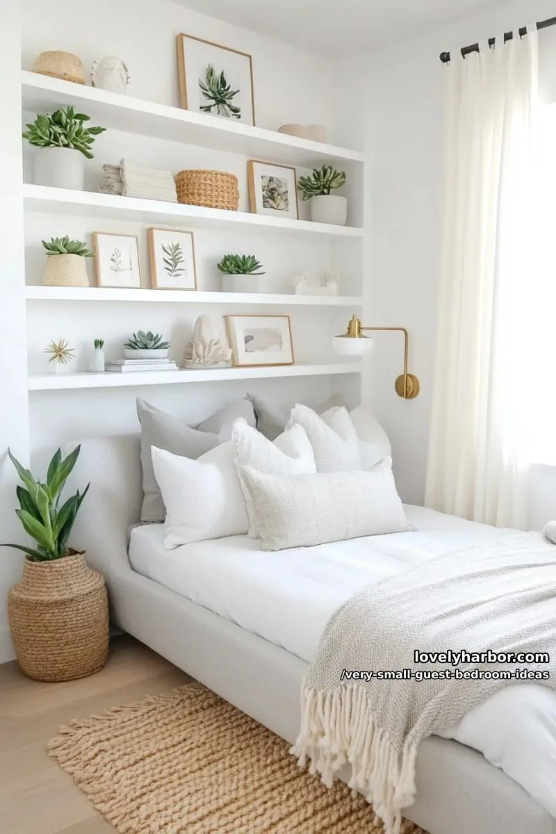 19 Very Small Guest Bedroom Ideas For A Welcoming Retreat 10 built-in shelves around headboard with small curated art display 1