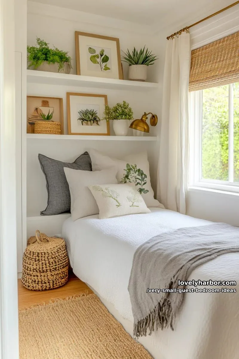 19 Very Small Guest Bedroom Ideas For A Welcoming Retreat 11 built-in shelves around headboard with small curated art display 1