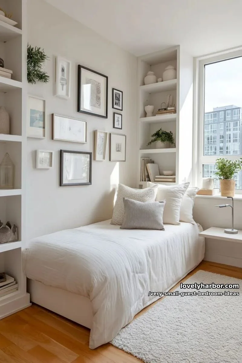 19 Very Small Guest Bedroom Ideas For A Welcoming Retreat 12 built-in shelves around headboard with small curated art display 1