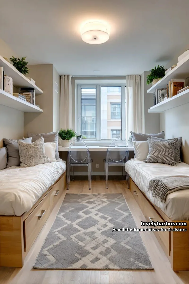 built-in twin beds with shared floating desk and matching acrylic chairs 1