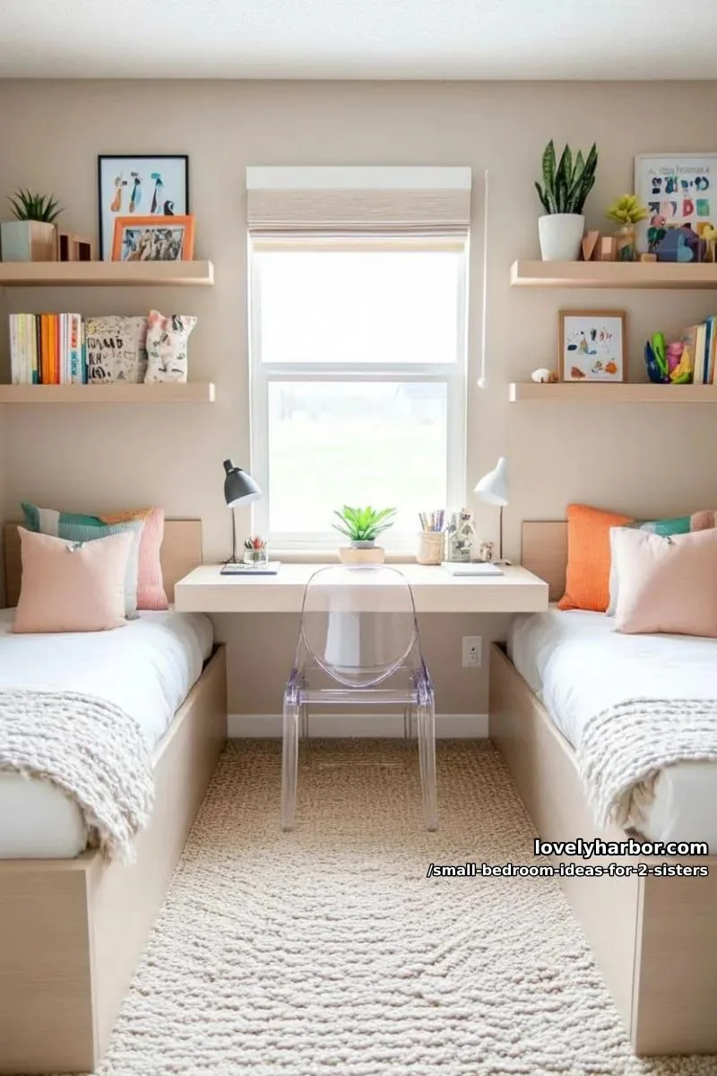 built-in twin beds with shared floating desk and matching acrylic chairs 1