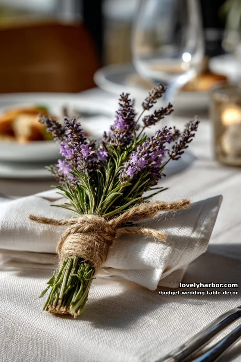 bundles of dried lavender tied with twine laid atop minimalist white linens 1