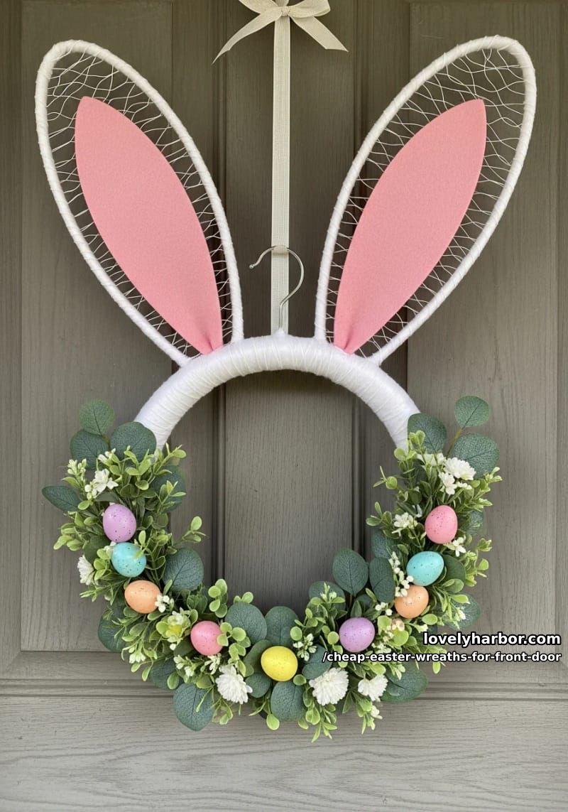 bunny ear wreath using wire hangers and pink felt 1
