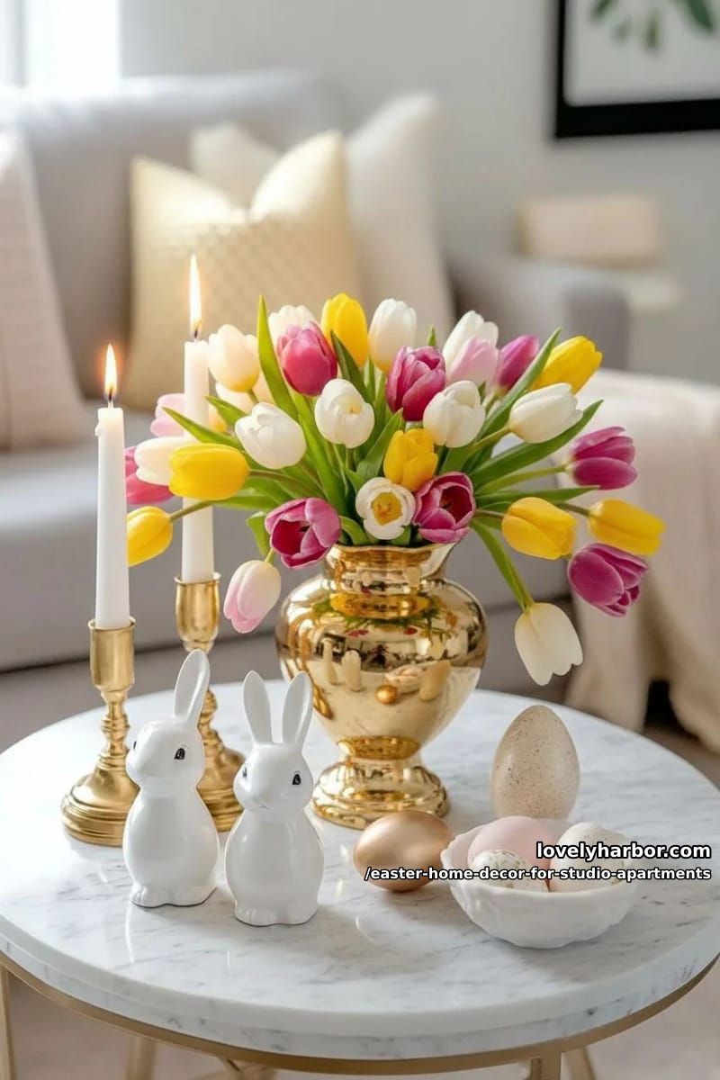 bunny figurines paired with gold candle holders for a chic vignette 1