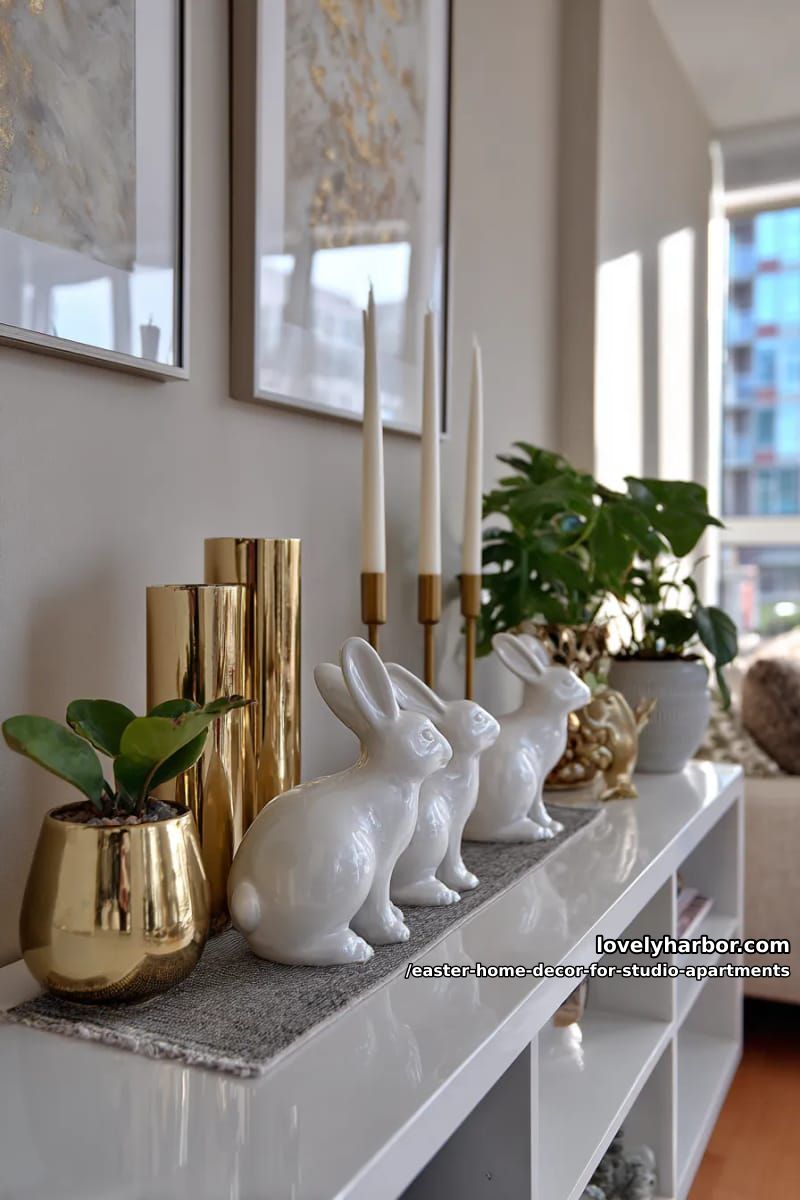 bunny figurines paired with gold candle holders for a chic vignette 1