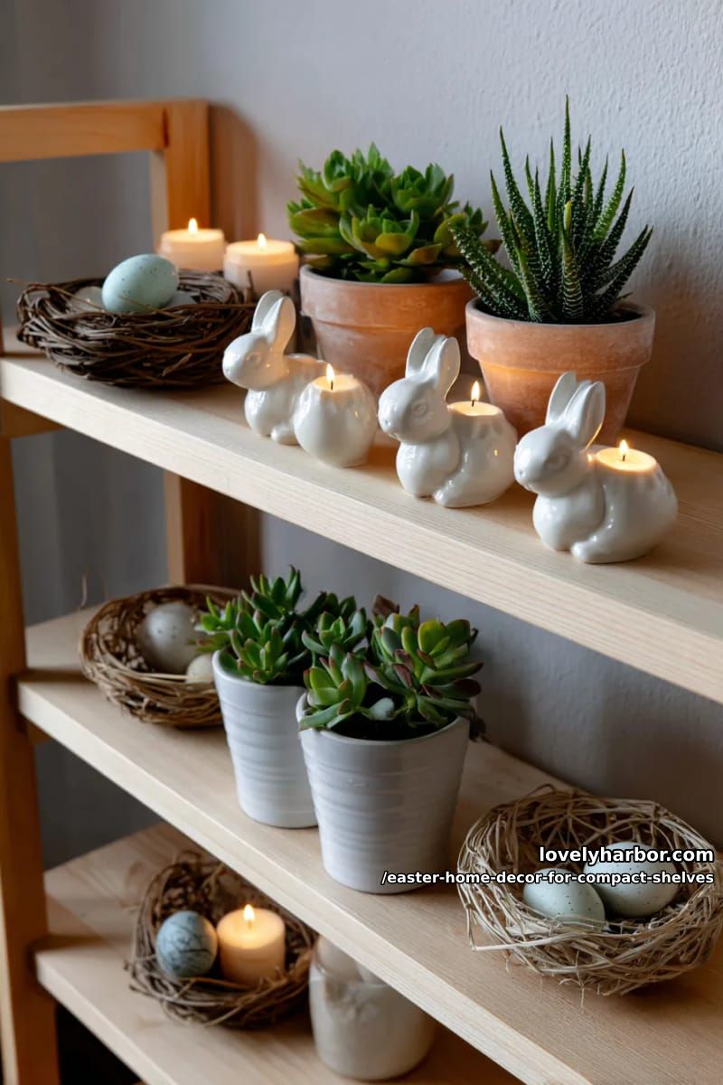 bunny-shaped candle holders glowing between potted succulents 1