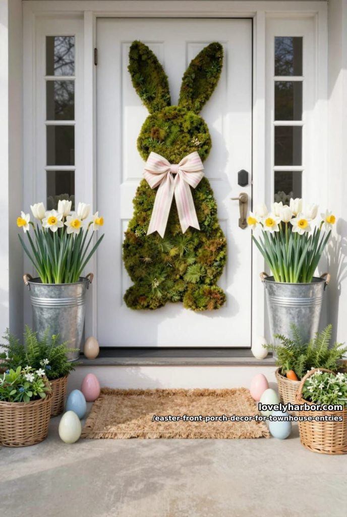 bunny-shaped moss wreath paired with striped ribbon bows 33