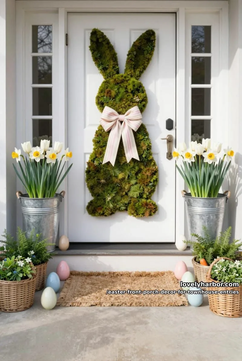 bunny-shaped moss wreath paired with striped ribbon bows 1
