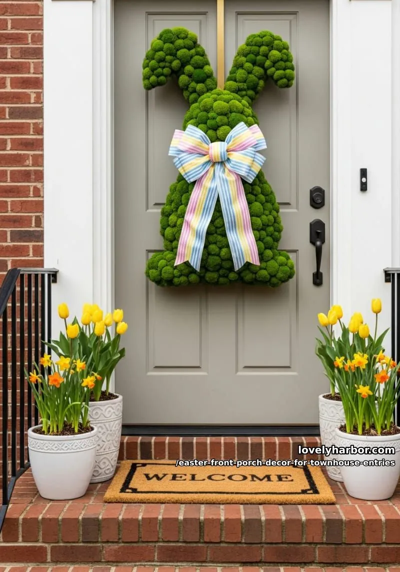 bunny-shaped moss wreath paired with striped ribbon bows 1
