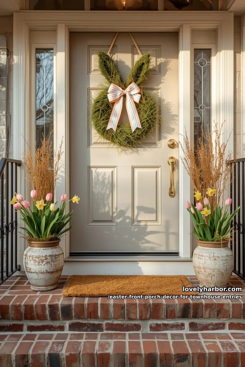 bunny-shaped moss wreath paired with striped ribbon bows 1