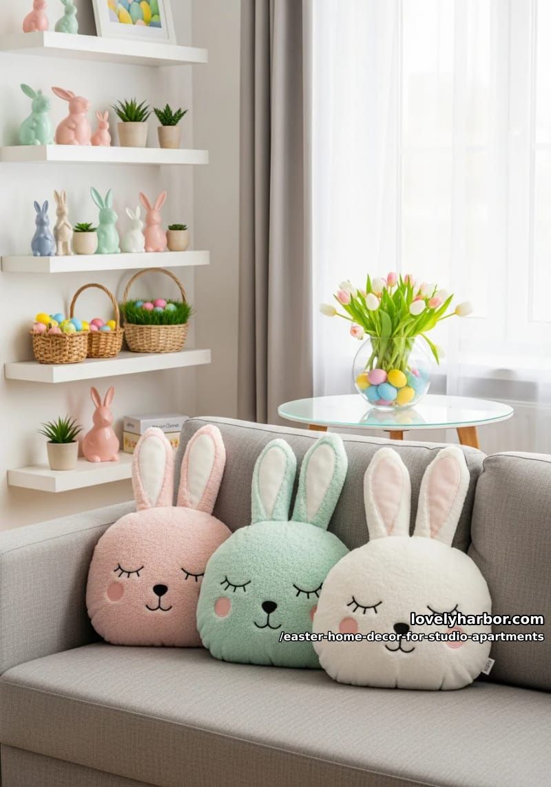 bunny-shaped throw pillows in blush, mint, and ivory on sofa 1