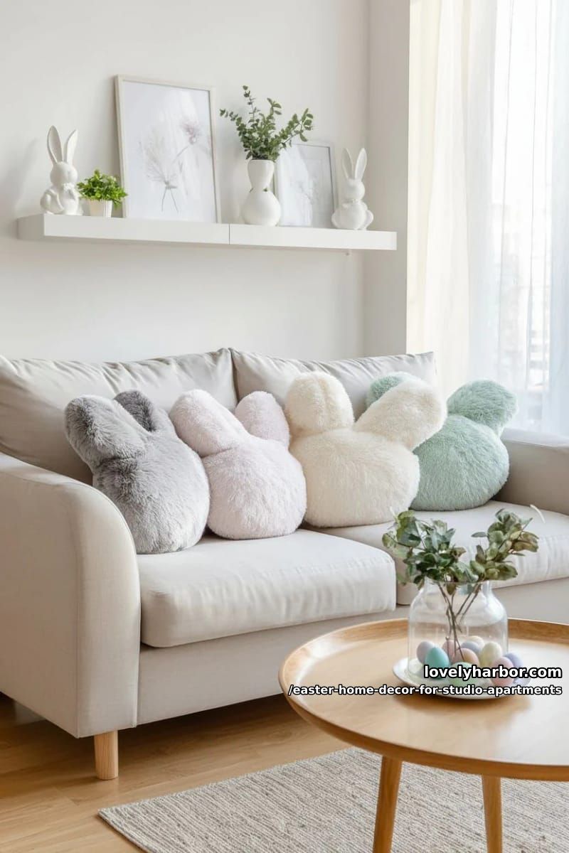 bunny-shaped throw pillows in blush, mint, and ivory on sofa 1