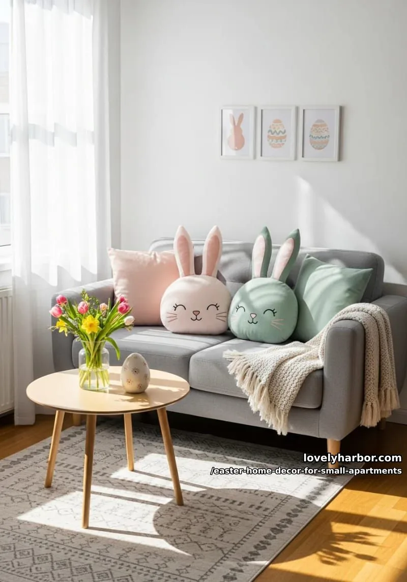 bunny-shaped throw pillows on a loveseat with blush and sage accents 1