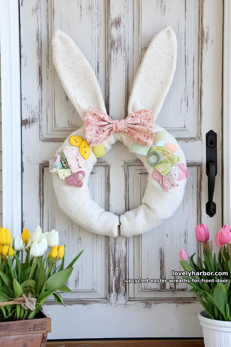 bunny-shaped wreath made from repurposed white socks and scrap fabric 1