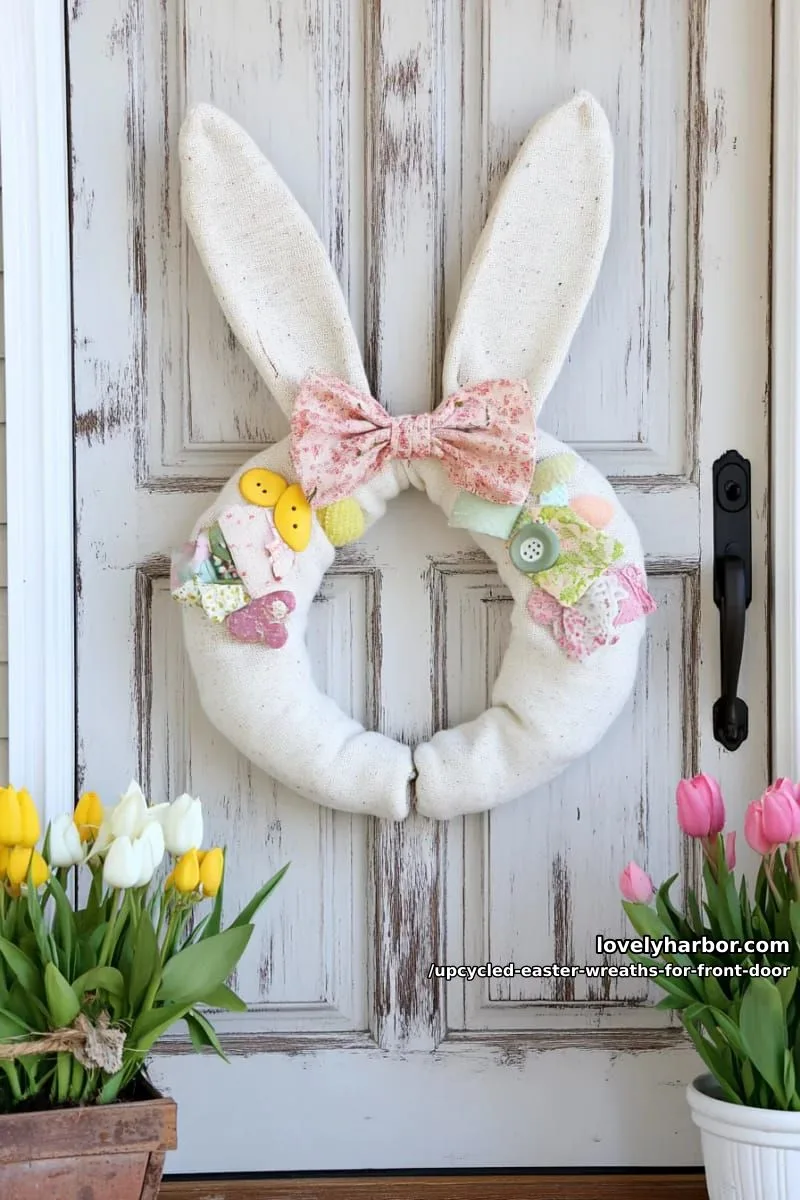 15 Upcycled Easter Wreaths For Front Door That Bring Colorful Spring Vibes 5 bunny-shaped wreath made from repurposed white socks and scrap fabric 1