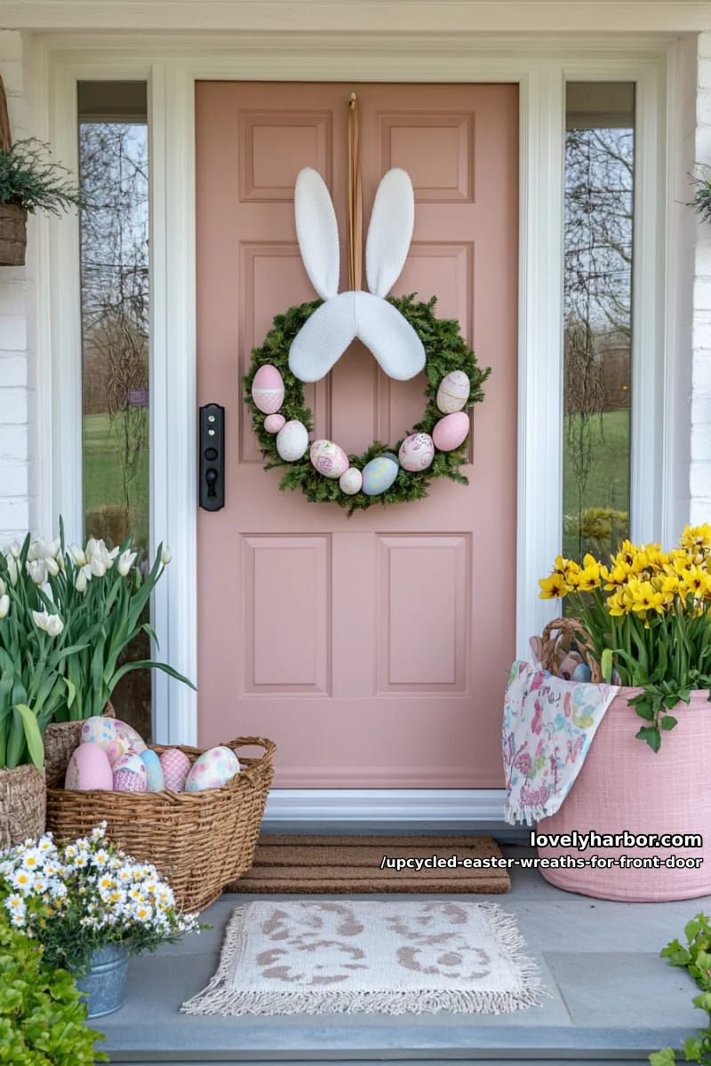 bunny-shaped wreath made from repurposed white socks and scrap fabric 1