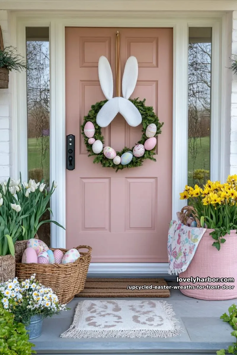 15 Upcycled Easter Wreaths For Front Door That Bring Colorful Spring Vibes 6 bunny-shaped wreath made from repurposed white socks and scrap fabric 1