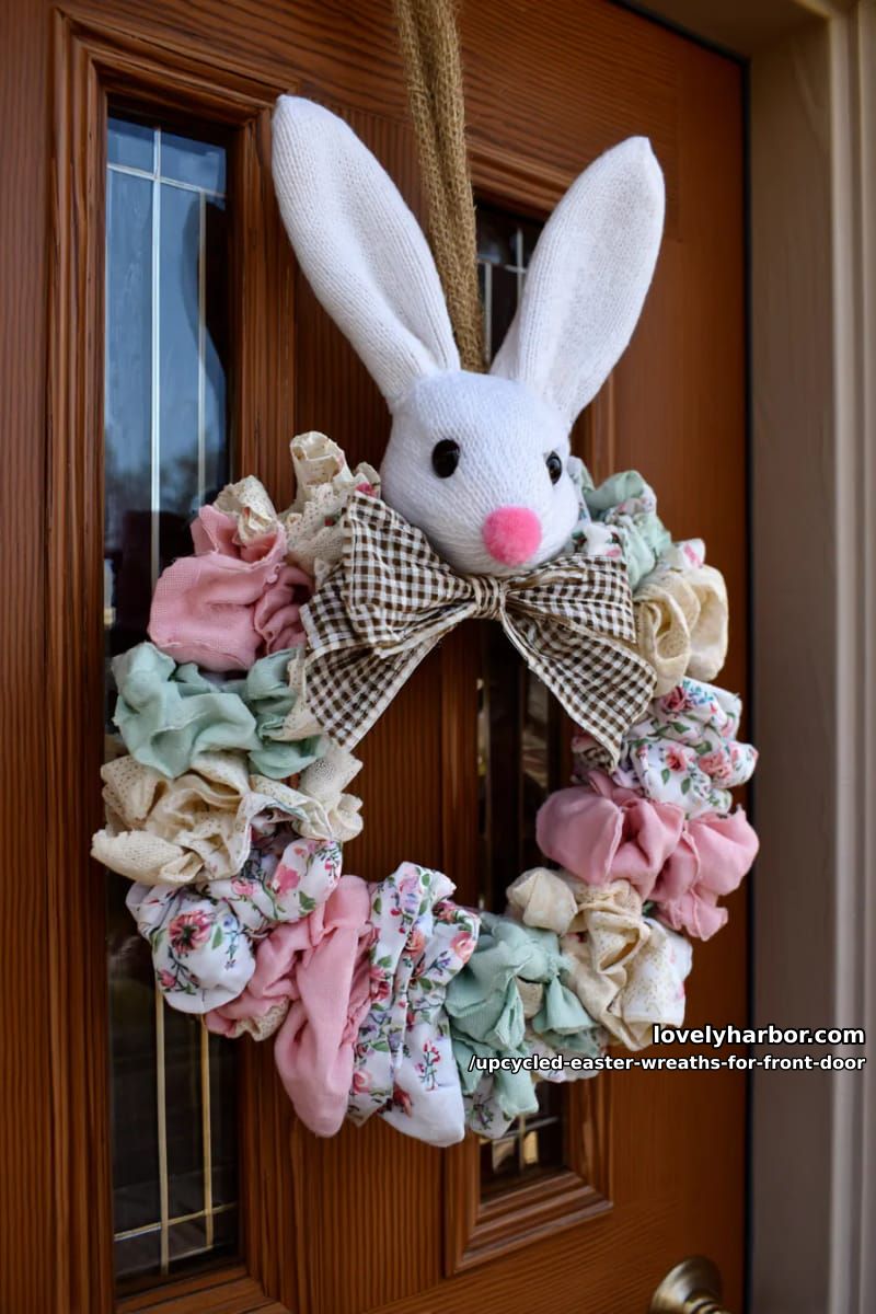 bunny-shaped wreath made from repurposed white socks and scrap fabric 1