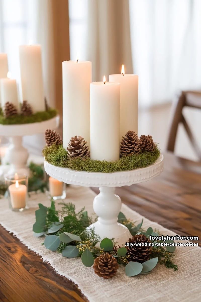 cake stands topped with moss, candles, and scattered mini pinecones 1