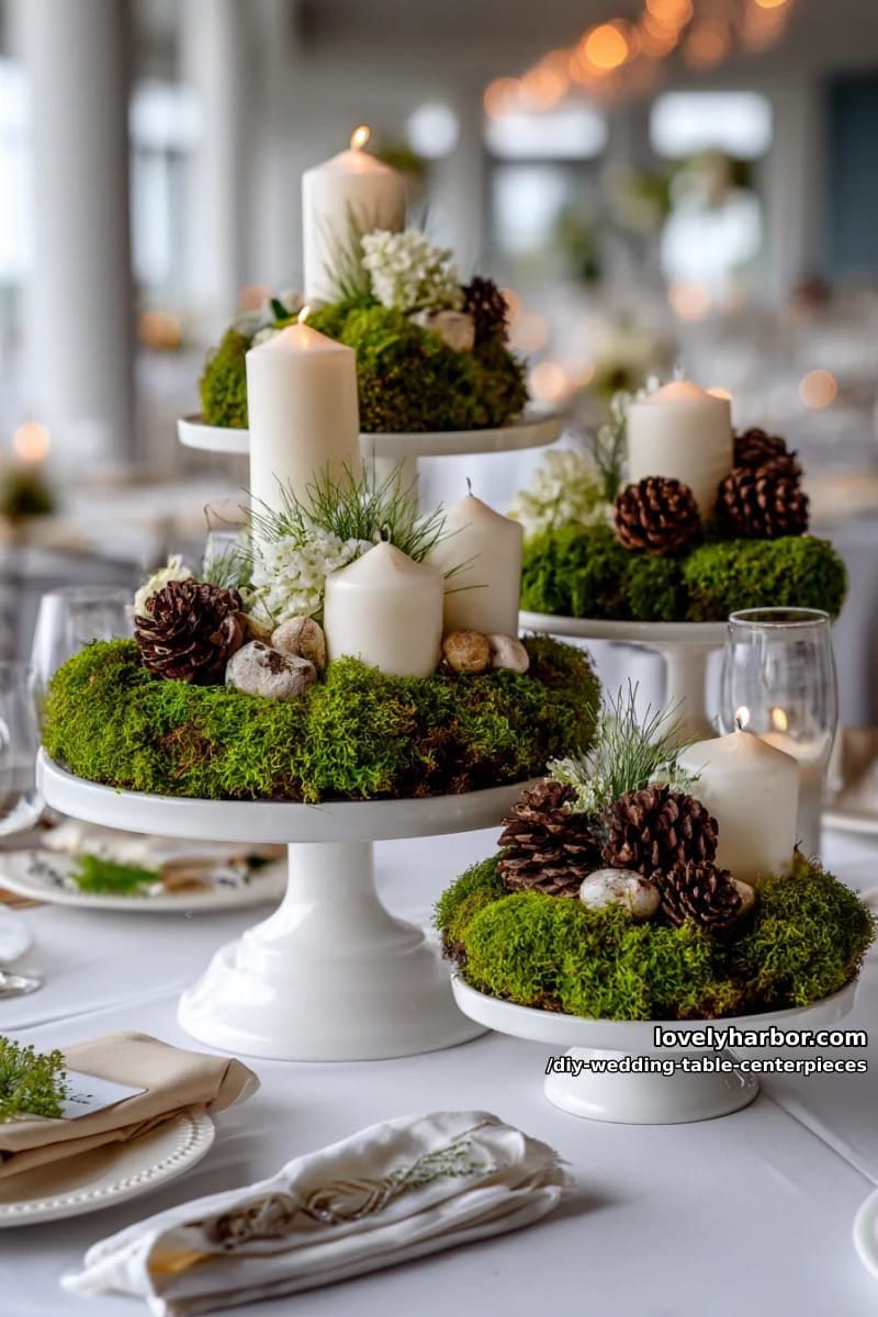 cake stands topped with moss, candles, and scattered mini pinecones 1