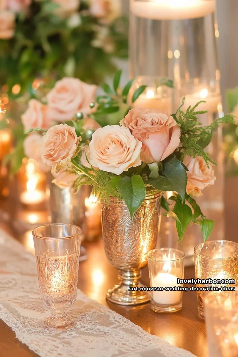 candlelit centerpieces in antique brass vases and curved glass vessels 1