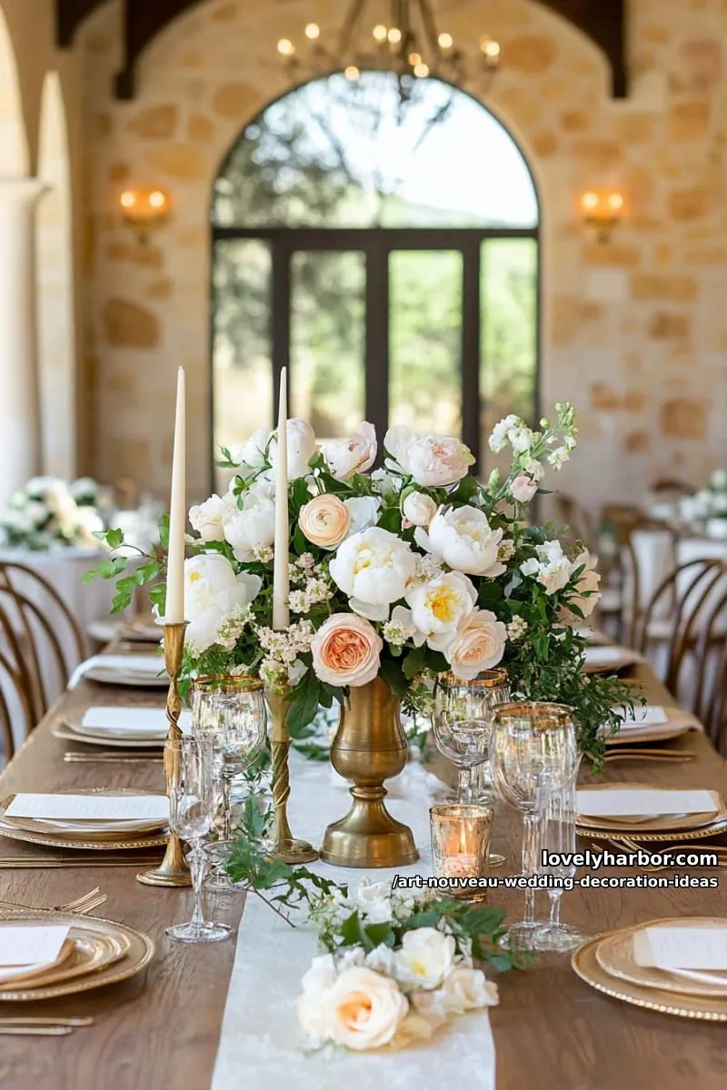 candlelit centerpieces in antique brass vases and curved glass vessels 1