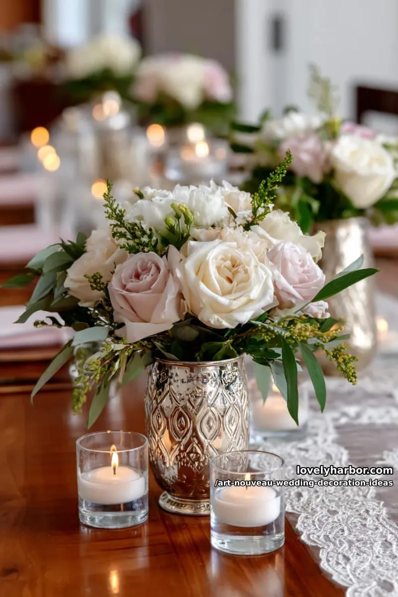 candlelit centerpieces in antique brass vases and curved glass vessels 1